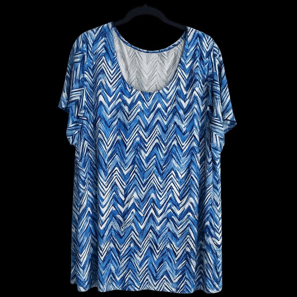 Blue Chevron Print Short Sleeve Blouse Women's XL Lightweight Stretch Top
